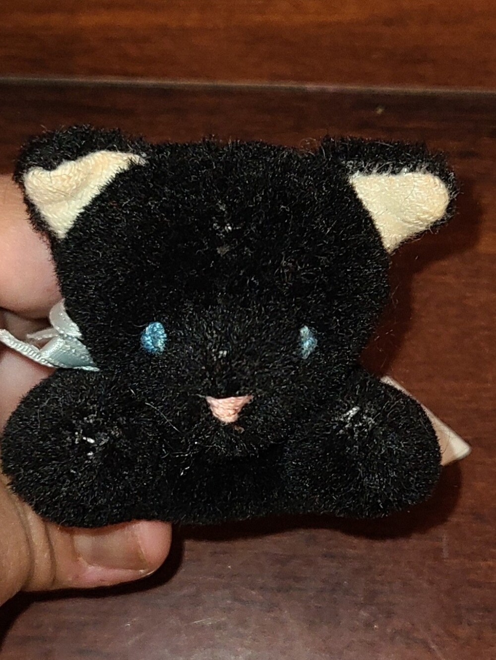 Vtg 1988 Dakin Mini Black Cat Plush Blue Eyes Wool Pile 4.5" Pocket Size Kitty